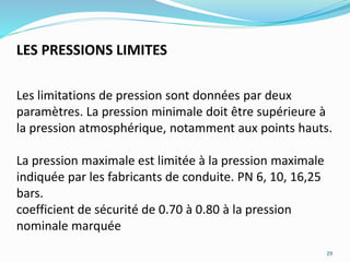 LES PRESSIONS LIMITES
Les limitations de pression sont données par deux
paramètres. La pression minimale doit être supérieure à
la pression atmosphérique, notamment aux points hauts.
La pression maximale est limitée à la pression maximale
indiquée par les fabricants de conduite. PN 6, 10, 16,25
bars.
coefficient de sécurité de 0.70 à 0.80 à la pression
nominale marquée
29
 