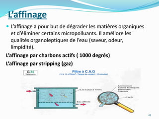L’affinage
 L’affinage a pour but de dégrader les matières organiques
et d’éliminer certains micropolluants. Il améliore les
qualités organoleptiques de l’eau (saveur, odeur,
limpidité).
L’affinage par charbons actifs ( 1000 degrés)
L’affinage par stripping (gaz)
41
 