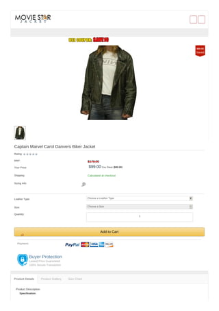 Captain Marvel Carol Danvers Biker Jacket
Rating:
RRP: $179.00
Your Price: $99.00 You Save ($80.00)
Shipping: Calculated at checkout
Sizing Info:
Leather Type: Choose a Leather Type
Size: Choose a Size
Quantity:
Add to Cart
Payment:
Buyer Protection
Lowest Price Guaranteed
100% Secure Transaction
Product Description
Specification:
Product Details Product Gallery Size Chart
$80.00
Saved
1
 