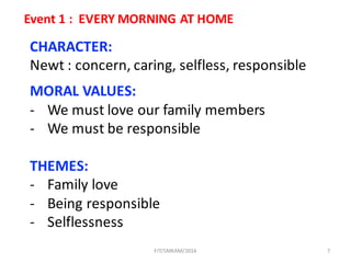 7
Event	1	:		EVERY	MORNING	AT	HOME
CHARACTER:
Newt	:	concern,	caring,	selfless,	responsible
MORAL	VALUES:
- We	must	love	our	family	members
- We	must	be	responsible	
THEMES:
- Family	love
- Being	responsible
- Selflessness
FIT/SMKAM/2016
 
