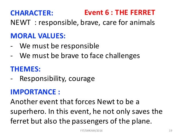 19
CHARACTER:
NEWT  : responsible, brave, care for animals
MORAL VALUES:
- We must be responsible 
- We must be brave to f...