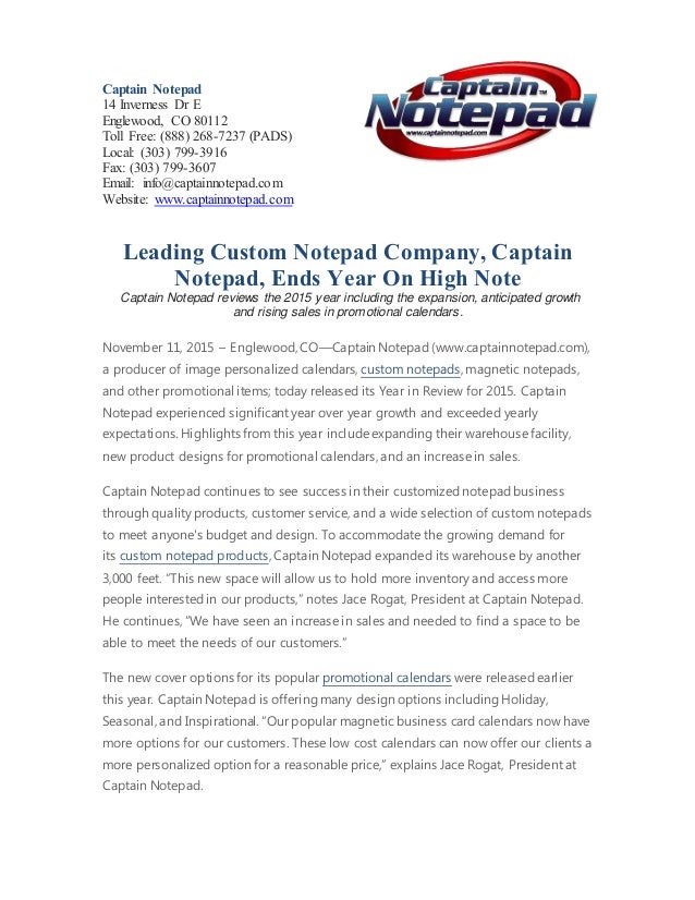 leading custom notepad company ends year on high note business calendars 2015