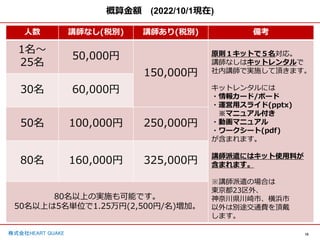 10
株式会社HEART QUAKE
概算金額 (2022/10/1現在)
人数 講師なし(税別) 講師あり(税別) 備考
1名〜
25名
50,000円
150,000円
原則１キットで５名対応。
講師なしはキットレンタルで
社内講師で実施して頂きます。
キットレンタルには
・情報カード/ボード
・運営用スライド(pptx)
※マニュアル付き
・動画マニュアル
・ワークシート(pdf)
が含まれます。
講師派遣にはキット使用料が
含まれます。
※講師派遣の場合は
東京都23区外、
神奈川県川崎市、横浜市
以外は別途交通費を頂戴
します。
30名 60,000円
50名 100,000円 250,000円
80名 160,000円 325,000円
80名以上の実施も可能です。
50名以上は5名単位で1.25万円(2,500円/名)増加。
 