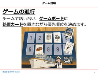 4
株式会社HEART QUAKE
ゲーム説明
ゲームの進行
チームで話し合い、ゲームボードに
処置カードを置きながら優先順位を決めます。
 