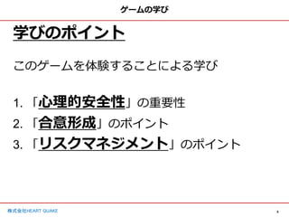 6
株式会社HEART QUAKE
ゲームの学び
学びのポイント
このゲームを体験することによる学び
1. 「心理的安全性」の重要性
2. 「合意形成」のポイント
3. 「リスクマネジメント」のポイント
 