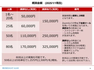 15
株式会社HEART QUAKE
概算金額 (2025/1/1現在)
人数 講師なし(税別) 講師あり(税別) 備考
1名〜
20名
50,000円
150,000円
実施時間は標準1.5時間
となります。
Zoomなどのウェブ会議ツール
を用いての実施となります。
講師ありの料金には
・ファシリテーター料
・システム利用料
が含まれます。
講師なしの料金には
・システム利用料
・事前質問会(30分程度)
・運営用スライド(pptx)
・動画マニュアル
が含まれます。
80名以上の実施も可能です。
詳しくはお問い合わせ下さい。
25名 60,000円
50名 110,000円 250,000円
80名 170,000円 325,000円
80名以上の実施も可能です。
50名以上は5名単位で1.25万円(2,500円/名)増加。
 