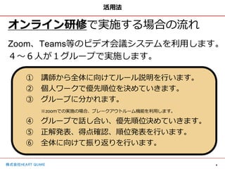 4
株式会社HEART QUAKE
活用法
オンライン研修で実施する場合の流れ
Zoom、Teams等のビデオ会議システムを利用します。
４〜６人が１グループで実施します。
① 講師から全体に向けてルール説明を行います。
② 個人ワークで優先順位を決めていきます。
③ グループに分かれます。
※zoomでの実施の場合、ブレークアウトルーム機能を利用します。
④ グループで話し合い、優先順位決めていきます。
⑤ 正解発表、得点確認、順位発表を行います。
⑥ 全体に向けて振り返りを行います。
 