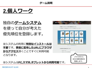 6
株式会社HEART QUAKE
ゲーム説明
2.個人ワーク
独自のゲームシステム
を使って自分が考えた
優先順位を登録します。
※システムの利用に特別なインストールは
不要です。事前に配布したURLにブラウザ
からアクセス頂くことですぐに利用可能
となります。
※システムはPC,スマホ,タブレットから利用可能です。
ブラウザから
自分の優先順位を
登録します。
 