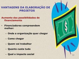 VANTAGENS DA ELABORAÇÃO DE
         PROJETOS

Aumento das possibilidades de
  financiamento

• Financiadores compreendem
  melhor:

   – Onde a organização quer chegar

   – Como chegar

   – Quem vai trabalhar

   – Quanto custa tudo

   – Qual o impacto social            12
 