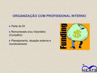 ORGANIZAÇÃO COM PROFISSIONAL INTERNO


 Parte do DI

  Remunerado e/ou Voluntário
(Conselho)

 Planejamento, atuação externa e
monitoramento
 