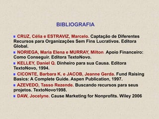 BIBLIOGRAFIA

  CRUZ, Célia e ESTRAVIZ, Marcelo. Captação de Diferentes
Recursos para Organizações Sem Fins Lucrativos. Editora
Global.
  NORIEGA, Maria Elena e MURRAY, Milton. Apoio Financeiro:
Como Conseguir. Editora TextoNovo.
  KELLEY, Daniel Q. Dinheiro para sua Causa. Editora
TextoNovo, 1994.
  CICONTE, Barbara K. e JACOB, Jeanne Gerda. Fund Raising
Basics: A Complete Guide. Aspen Publication, 1997.
 AZEVEDO, Tasso Rezende. Buscando recursos para seus
projetos. TextoNovo1998.
  DAW, Jocelyne. Cause Marketing for Nonprofits. Wiley 2006
 