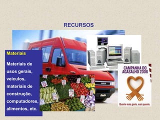 RECURSOS




Materiais

Materiais de
usos gerais,
veículos,
materiais de
construção,
computadores,
alimentos, etc.
 