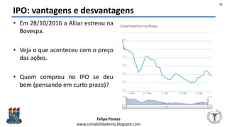 Felipe Pontes
www.contabilidademq.blogspot.com
IPO: vantagens e desvantagens
• Em 28/10/2016 a Alliar estreou na
Bovespa.
• Veja o que aconteceu com o preço
das ações.
• Quem comprou no IPO se deu
bem (pensando em curto prazo)?
12
 