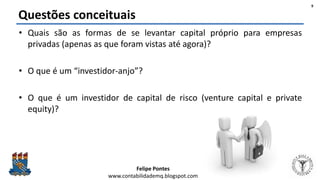 Felipe Pontes
www.contabilidademq.blogspot.com
• Quais são as formas de se levantar capital próprio para empresas
privadas (apenas as que foram vistas até agora)?
• O que é um “investidor-anjo”?
• O que é um investidor de capital de risco (venture capital e private
equity)?
Questões conceituais
9
 