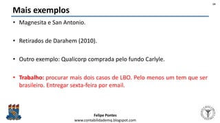Felipe Pontes
www.contabilidademq.blogspot.com
Mais exemplos
• Magnesita e San Antonio.
• Retirados de Darahem (2010).
• Outro exemplo: Qualicorp comprada pelo fundo Carlyle.
• Trabalho: procurar mais dois casos de LBO. Pelo menos um tem que ser
brasileiro. Entregar sexta-feira por email.
14
 