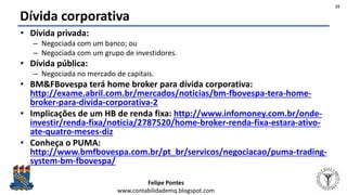 Felipe Pontes
www.contabilidademq.blogspot.com
Dívida corporativa
• Dívida privada:
– Negociada com um banco; ou
– Negociada com um grupo de investidores.
• Dívida pública:
– Negociada no mercado de capitais.
• BM&FBovespa terá home broker para dívida corporativa:
http://exame.abril.com.br/mercados/noticias/bm-fbovespa-tera-home-
broker-para-divida-corporativa-2
• Implicações de um HB de renda fixa: http://www.infomoney.com.br/onde-
investir/renda-fixa/noticia/2787520/home-broker-renda-fixa-estara-ativo-
ate-quatro-meses-diz
• Conheça o PUMA:
http://www.bmfbovespa.com.br/pt_br/servicos/negociacao/puma-trading-
system-bm-fbovespa/
15
 