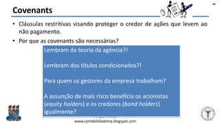 Felipe Pontes
www.contabilidademq.blogspot.com
Covenants
• Cláusulas restritivas visando proteger o credor de ações que levem ao
não pagamento.
• Por que as covenants são necessárias?
44
Lembram da teoria da agência?!
Lembram dos títulos condicionados?!
Para quem os gestores da empresa trabalham?
A assunção de mais risco beneficia os acionistas
(equity holders) e os credores (bond holders)
igualmente?
 