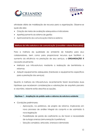 12
atividade diária de mobilização de recursos para a organização. Observe-se
quais são eles:
• Criação de meios de avaliação adequados e indicadores
• Aperfeiçoamento do sistema de gestão
• Aprimoramento da comunicação interna e externa
Melhora da Infra-estrutura e da comunicação (consolidar valores financeiros)
Para a melhora da qualidade do ambiente de trabalho para seus
colaboradores, bem como para proporcionar recursos que facilitem o
aumento da eficiência na prestação de seus serviços, a ORGANIZAÇÃO X
necessita atualmente:
 Melhorar sua infra-estrutura mediante a realização de benfeitorias e
reformas
 Adquirir equipamentos adequados (hardware e equipamentos específicos
para a prestação dos serviços)
Quanto à melhora da infra-estrutura, recentemente foram levantadas duas
hipóteses que receberam considerações e valorizações de arquiteto parceiro
e voluntário. Adiante estão descritas as opções.
Hipótese 1 - Ampliação do prédio-sede e reforma da estrutura existente
• Condições preliminares:
 Aprovação, na prefeitura, de projeto de reforma, implicando em
novo processo de análise integral do conjunto e de submissão à
nova legislação
 Possibilidade de perda de coeficiente ou de haver a necessidade
de outorga onerosa (remuneração à prefeitura)
 Solução complexa, arriscada, onerosa e demorada
 