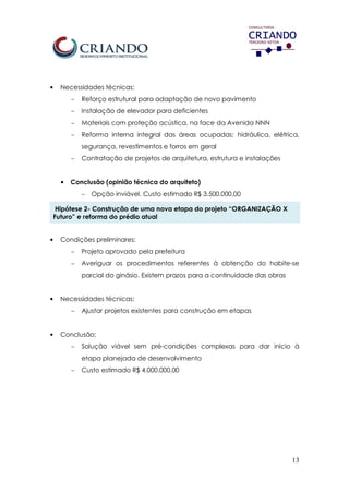 13
• Necessidades técnicas:
 Reforço estrutural para adaptação de novo pavimento
 Instalação de elevador para deficientes
 Materiais com proteção acústica, na face da Avenida NNN
 Reforma interna integral das áreas ocupadas: hidráulica, elétrica,
segurança, revestimentos e forros em geral
 Contratação de projetos de arquitetura, estrutura e instalações
• Conclusão (opinião técnica do arquiteto)
 Opção inviável. Custo estimado R$ 3.500.000,00
Hipótese 2- Construção de uma nova etapa do projeto “ORGANIZAÇÃO X
Futuro” e reforma do prédio atual
• Condições preliminares:
 Projeto aprovado pela prefeitura
 Averiguar os procedimentos referentes à obtenção do habite-se
parcial do ginásio. Existem prazos para a continuidade das obras
• Necessidades técnicas:
 Ajustar projetos existentes para construção em etapas
• Conclusão:
 Solução viável sem pré-condições complexas para dar início à
etapa planejada de desenvolvimento
 Custo estimado R$ 4.000.000,00
 