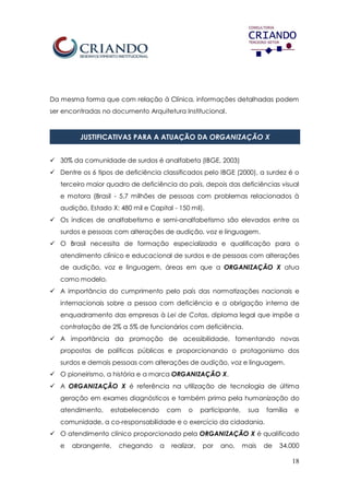 18
Da mesma forma que com relação à Clínica, informações detalhadas podem
ser encontradas no documento Arquitetura Institucional.
JUSTIFICATIVAS PARA A ATUAÇÃO DA ORGANIZAÇÃO X
 30% da comunidade de surdos é analfabeta (IBGE, 2003)
 Dentre os 6 tipos de deficiência classificados pelo IBGE (2000), a surdez é o
terceiro maior quadro de deficiência do país, depois das deficiências visual
e motora (Brasil - 5,7 milhões de pessoas com problemas relacionados à
audição, Estado X: 480 mil e Capital - 150 mil).
 Os índices de analfabetismo e semi-analfabetismo são elevados entre os
surdos e pessoas com alterações de audição, voz e linguagem.
 O Brasil necessita de formação especializada e qualificação para o
atendimento clínico e educacional de surdos e de pessoas com alterações
de audição, voz e linguagem, áreas em que a ORGANIZAÇÃO X atua
como modelo.
 A importância do cumprimento pelo país das normatizações nacionais e
internacionais sobre a pessoa com deficiência e a obrigação interna de
enquadramento das empresas à Lei de Cotas, diploma legal que impõe a
contratação de 2% a 5% de funcionários com deficiência.
 A importância da promoção de acessibilidade, fomentando novas
propostas de políticas públicas e proporcionando o protagonismo dos
surdos e demais pessoas com alterações de audição, voz e linguagem.
 O pioneirismo, a história e a marca ORGANIZAÇÃO X.
 A ORGANIZAÇÃO X é referência na utilização de tecnologia de última
geração em exames diagnósticos e também prima pela humanização do
atendimento, estabelecendo com o participante, sua família e
comunidade, a co-responsabilidade e o exercício da cidadania.
 O atendimento clínico proporcionado pela ORGANIZAÇÃO X é qualificado
e abrangente, chegando a realizar, por ano, mais de 34.000
 