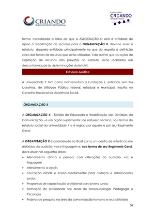 20
forma, consolidada a idéia de que a ASSOCIAÇÃO N será a entidade de
apoio à mobilização de recursos para a ORGANIZAÇÃO X, deve-se rever o
estatuto daquela entidade, principalmente no que diz respeito à definição
clara das fontes de recursos que serão utilizadas. Vale alertar que as ações de
captação de recursos não previstas no estatuto serão realizadas em
desconformidade às determinações da lei civil.
Estrutura Jurídica
A Universidade Y tem como mantenedora a Fundação Z, entidade sem fins
lucrativos, de Utilidade Pública federal, estadual e municipal, inscrita no
Conselho Nacional de Assistência Social.
ORGANIZAÇÃO X
A ORGANIZAÇÃO X - Divisão de Educação e Reabilitação dos Distúrbios da
Comunicação - é um órgão suplementar, de natureza técnica, nos termos do
estatuto social da Universidade Y e é regida por aquele e por seu Regimento
Geral.
A ORGANIZAÇÃO X é considerada no Brasil como um centro de referência em
distúrbios da audição, voz e linguagem e, nos termos de seu Regimento Geral,
deve atuar nas seguintes áreas:
• Atendimento clínico a pessoas com alterações da audição, voz e
linguagem
• Atendimento a bebês
• Educação infantil e ensino fundamental para crianças e adolescentes
surdos
• Programas de capacitação profissional para jovens surdos
• Formação de profissionais nas áreas de Fonoaudiologia, Pedagogia e
Psicologia
• Projetos de pesquisa na área da comunicação humana e seus distúrbios
 