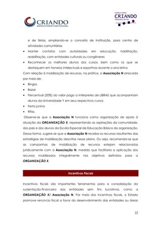 22
e de férias, ampliando-se o conceito de Instituição, para centro de
atividades comunitárias
• Manter contatos com autoridades em educação, habilitação,
reabilitação, com entidades culturais ou congêneres
• Reconhecer os melhores alunos dos cursos, bem como os que se
destaquem em torneios intelectuais e esportivos durante o ano letivo
Com relação à mobilização de recursos, na prática, a Associação N arrecada
por meio de:
• Bingos
• Bazar
• Percentual (20%) do valor pago a intérpretes de LIBRAS que acompanham
alunos da Universidade Y em seus respectivos cursos
• Festa junina
• Rifas.
Observe-se que a Associação N funciona como organização de apoio à
atuação da ORGANIZAÇÃO X, representando as aspirações da comunidade,
dos pais e dos alunos da Escola Especial de Educação Básica da organização.
Dessa forma, sugere-se que a Associação N receba os recursos resultantes das
estratégias de mobilização descritas nesse plano. Ou seja, recomenda-se que
as campanhas de mobilização de recursos estejam relacionadas
juridicamente com a Associação N, medida que facilitaria a aplicação dos
recursos mobilizados integralmente nos objetivos definidos para a
ORGANIZAÇÃO X.
Incentivos Fiscais
Incentivos fiscais são importantes ferramentas para a consolidação da
sustentação-financeira das entidades sem fins lucrativos, como a
ORGANIZAÇÃO X/ Associação N. Por meio dos incentivos fiscais, o Estado
promove renúncia fiscal a favor do desenvolvimento das entidades ou áreas
 