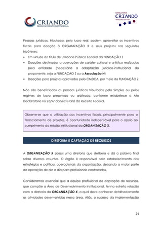 24
Pessoas jurídicas, tributadas pelo lucro real, podem aproveitar os incentivos
fiscais para doação à ORGANIZAÇÃO X e seus projetos nas seguintes
hipóteses:
• Em virtude do título de Utilidade Pública Federal da FUNDAÇÃO Z
• Doações destinadas a operações de caráter cultural e artístico realizadas
pela entidade (necessária a adaptação jurídico-institucional do
proponente, seja a FUNDAÇÃO Z ou a Associação N)
• Doações para projetos aprovados pelo CMDCA, por meio da FUNDAÇÃO Z
Não são beneficiadas as pessoas jurídicas tributadas pelo Simples ou pelos
regimes de lucro presumido ou arbitrado, conforme estabelece o Ato
Declaratório no 26/97 da Secretaria da Receita Federal.
Observe-se que a utilização dos incentivos fiscais, principalmente para o
financiamento de projetos, é oportunidade indispensável para o apoio ao
cumprimento da missão institucional da ORGANIZAÇÃO X.
DIRETORIA E CAPTAÇÃO DE RECURSOS
A ORGANIZAÇÃO X possui uma diretoria que delibera e dá a palavra final
sobre diversos assuntos. O órgão é responsável pelo estabelecimento das
estratégias e políticas operacionais da organização, deixando a maior parte
da operação de dia a dia para profissionais contratados.
Consideramos essencial que a equipe profissional de captação de recursos,
que compõe a Área de Desenvolvimento Institucional, tenha estreita relação
com a diretoria da ORGANIZAÇÃO X, a qual deve conhecer detalhadamente
as atividades desenvolvidas nessa área. Aliás, o sucesso da implementação
 