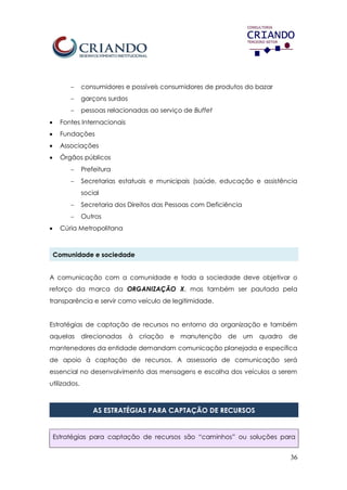 36
 consumidores e possíveis consumidores de produtos do bazar
 garçons surdos
 pessoas relacionadas ao serviço de Buffet
 Fontes Internacionais
 Fundações
 Associações
 Órgãos públicos
 Prefeitura
 Secretarias estatuais e municipais (saúde, educação e assistência
social
 Secretaria dos Direitos das Pessoas com Deficiência
 Outros
 Cúria Metropolitana
Comunidade e sociedade
A comunicação com a comunidade e toda a sociedade deve objetivar o
reforço da marca da ORGANIZAÇÃO X, mas também ser pautada pela
transparência e servir como veículo de legitimidade.
Estratégias de captação de recursos no entorno da organização e também
aquelas direcionadas à criação e manutenção de um quadro de
mantenedores da entidade demandam comunicação planejada e específica
de apoio à captação de recursos. A assessoria de comunicação será
essencial no desenvolvimento das mensagens e escolha dos veículos a serem
utilizados.
AS ESTRATÉGIAS PARA CAPTAÇÃO DE RECURSOS
Estratégias para captação de recursos são “caminhos” ou soluções para
 