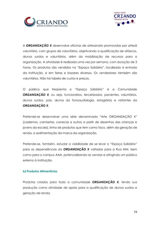 54
A ORGANIZAÇÃO X desenvolve oficinas de artesanato promovidas por artesã
voluntária, com grupos de voluntários, objetivando a qualificação de afásicos,
alunos surdos e voluntários, além da mobilização de recursos para a
organização. A atividade é realizada uma vez por semana, com duração de 3
horas. Os produtos são vendidos no “Espaço Solidário”, localizado à entrada
da instituição, e em feiras e bazares diversos. Os vendedores também são
voluntários. Não há tabela de custos e preços.
O público que freqüenta o “Espaço Solidário” é a Comunidade
ORGANIZAÇÃO X, ou seja, funcionários, terceirizados, pacientes, voluntários,
alunos surdos, pais, alunos da fonoaudiologia, estagiários e visitantes da
ORGANIZAÇÃO X.
Pretende-se desenvolver uma série denominada “Arte ORGANIZAÇÃO X”
(cadernos, camisetas, canecas e outros a partir de desenhos das crianças e
jovens da escola), linha de produtos que tem como foco, além da geração de
renda, a sedimentação da marca da organização.
Pretende-se, também, estudar a viabilidade de se levar o “Espaço Solidário”
para as dependências da ORGANIZAÇÃO X voltadas para a Rua MM, bem
como para o campus AAA, potencializando as vendas e atingindo um público
externo à instituição.
b) Produtos Alimentícios
Produtos criados para toda a comunidade ORGANIZAÇÃO X, tendo sua
produção como atividade de apoio para a qualificação de alunos surdos e
geração de renda.
 
