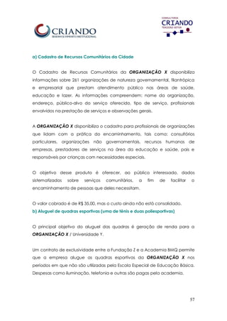57
a) Cadastro de Recursos Comunitários da Cidade
O Cadastro de Recursos Comunitários da ORGANIZAÇÃO X disponibiliza
informações sobre 261 organizações de natureza governamental, filantrópica
e empresarial que prestam atendimento público nas áreas de saúde,
educação e lazer. As informações compreendem: nome da organização,
endereço, público-alvo do serviço oferecido, tipo de serviço, profissionais
envolvidos na prestação de serviços e observações gerais.
A ORGANIZAÇÃO X disponibiliza o cadastro para profissionais de organizações
que lidam com a prática do encaminhamento, tais como: consultórios
particulares, organizações não governamentais, recursos humanos de
empresas, prestadores de serviços na área da educação e saúde, pais e
responsáveis por crianças com necessidades especiais.
O objetivo desse produto é oferecer, ao público interessado, dados
sistematizados sobre serviços comunitários, a fim de facilitar o
encaminhamento de pessoas que deles necessitam.
O valor cobrado é de R$ 35,00, mas o custo ainda não está consolidado.
b) Aluguel de quadras esportivas (uma de tênis e duas poliesportivas)
O principal objetivo do aluguel das quadras é geração de renda para a
ORGANIZAÇÃO X / Universidade Y.
Um contrato de exclusividade entre a Fundação Z e a Academia BMQ permite
que a empresa alugue as quadras esportivas da ORGANIZAÇÃO X nos
períodos em que não são utilizadas pela Escola Especial de Educação Básica.
Despesas como iluminação, telefonia e outras são pagas pela academia.
 