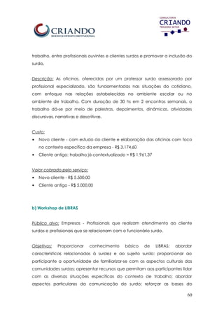 60
trabalho, entre profissionais ouvintes e clientes surdos e promover a inclusão do
surdo.
Descrição: As oficinas, oferecidas por um professor surdo assessorado por
profissional especializado, são fundamentadas nas situações do cotidiano,
com enfoque nas relações estabelecidas no ambiente escolar ou no
ambiente de trabalho. Com duração de 30 hs em 2 encontros semanais, o
trabalho dá-se por meio de palestras, depoimentos, dinâmicas, atividades
discursivas, narrativas e descritivas.
Custo:
• Novo cliente - com estudo do cliente e elaboração das oficinas com foco
no contexto específico da empresa - R$ 3.174,60
• Cliente antigo: trabalho já contextualizado = R$ 1.961,37
Valor cobrado pelo serviço:
• Novo cliente - R$ 5.500,00
• Cliente antigo - R$ 5.000,00
b) Workshop de LIBRAS
Público alvo: Empresas - Profissionais que realizam atendimento ao cliente
surdos e profissionais que se relacionam com o funcionário surdo.
Objetivos: Proporcionar conhecimento básico de LIBRAS; abordar
características relacionadas à surdez e ao sujeito surdo; proporcionar ao
participante a oportunidade de familiarizar-se com os aspectos culturais das
comunidades surdas; apresentar recursos que permitam aos participantes lidar
com as diversas situações específicas do contexto de trabalho; abordar
aspectos particulares da comunicação do surdo; reforçar as bases do
 