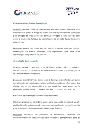 67
d) Mapeamento e Análise Ocupacional
Objetivos: analisar postos de trabalho nas empresa visando identificar suas
características gerais e eleger os postos que ofereçam melhores condições
para atuação do surdo, de acordo com sua formação e competências, bem
como a ampliação do leque de possibilidades de atuação dos surdos dentro
da empresa.
Descrição: Análise dos postos de trabalho por meio de visitas aos setores,
observação das tarefas, entrevistas com responsáveis pelas áreas para
identificação dos perfis das ocupações.
e) Avaliação de desempenho
Objetivos: avaliar o desempenho do profissional surdo incluído no trabalho,
identificando sua competência na execução das tarefas, sua motivação, e
seu relacionamento interpessoal.
Descrição: levantamento de dados sobre o desempenho do funcionário surdo
nas atividades de trabalho por meio de avaliação, obtida por informações das
chefias, visando sua produtividade e suas condições para responder às
demandas e expectativas da empresa em relação as suas competências.
f) Processo de Orientação e Qualificação Profissional
Objetivos: preparar os candidatos surdos para colocação profissional a partir
da identificação e do desenvolvimento das suas habilidades comportamentais
e técnicas para o desempenho de atividades profissionais.
Descrição: realização de processos de treinamento, centrados no
desenvolvimento de competências para o trabalho, competências para as
 