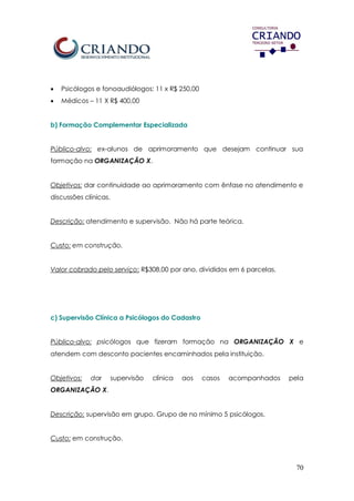 70
 Psicólogos e fonoaudiólogos: 11 x R$ 250,00
 Médicos – 11 X R$ 400,00
b) Formação Complementar Especializada
Público-alvo: ex-alunos de aprimoramento que desejam continuar sua
formação na ORGANIZAÇÃO X.
Objetivos: dar continuidade ao aprimoramento com ênfase no atendimento e
discussões clínicas.
Descrição: atendimento e supervisão. Não há parte teórica.
Custo: em construção.
Valor cobrado pelo serviço: R$308,00 por ano, divididos em 6 parcelas.
c) Supervisão Clínica a Psicólogos do Cadastro
Público-alvo: psicólogos que fizeram formação na ORGANIZAÇÃO X e
atendem com desconto pacientes encaminhados pela instituição.
Objetivos: dar supervisão clínica aos casos acompanhados pela
ORGANIZAÇÃO X.
Descrição: supervisão em grupo. Grupo de no mínimo 5 psicólogos.
Custo: em construção.
 