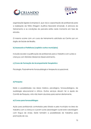 73
organização ligada à empresa S, que visa a capacitação de profissionais para
a realização da TANU (Triagem Auditiva Neonatal Universal). A estrutura do
treinamento e as condições da parceria estão neste momento em fase de
estudos.
O mesmo ocorre com um curso de treinamento solicitado ao Centro por um
órgão de Saúde de Brasília.
b) Assessoria a Prefeituras (capital e outros municípios)
Inclusão escolar e qualificação de profissionais para o trabalho com surdos e
crianças com Distúrbio Global do Desenvolvimento.
c) Curso de Formação de Acompanhante Terapêutico
Psicologia. Possivelmente fonoaudiologia e terapeuta ocupacional.
d) Pesquisa
Existe a possibilidades nas áreas médica, psicológica, fonoaudiológica, de
audiologia educacional e clínica. Outros serviços devem ter a ajuda do
Comitê de Pesquisa, visto não terem doutores para assinar diretamente.
e) Cursos para fonoaudiólogos
Ação para profissionais contratados pelo Estado e pelo município na área do
trabalho com a criança e o jovem surdo (abordagem aural-oral e abordagem
com língua de sinais). Existe também a possibilidade de trabalhos para
promoção de voz.
 