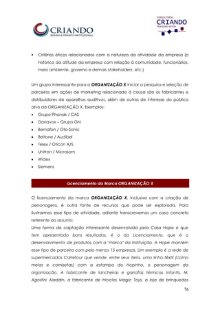 76
 Critérios éticos relacionados com a natureza da atividade da empresa (o
histórico da atitude da empresa com relação à comunidade, funcionários,
meio ambiente, governo e demais stakeholders, etc.)
Um grupo interessante para a ORGANIZAÇÃO X iniciar a pesquisa e seleção de
parceiros em ações de marketing relacionado à causa são os fabricantes e
distribuidores de aparelhos auditivos, além de outros de interesse do público
alvo da ORGANIZAÇÃO X. Exemplos:
 Grupo Phonak / CAS
 Danavox – Grupo GN
 Bernafon / Oto-Sonic
 Beltone / Audibel
 Telex / Oticon A/S
 Unitron / Microsom
 Widex
 Siemens
Licenciamento da Marca ORGANIZAÇÃO X
O licenciamento da marca ORGANIZAÇÃO X, inclusive com a criação de
personagens, é outra fonte de recursos que pode ser explorada. Para
ilustrarmos esse tipo de atividade, adiante transcrevemos um caso concreto
referente ao assunto:
Uma forma de captação interessante desenvolvida pela Casa Hope e que
tem apresentado bons resultados, é o do Licenciamento, que é o
desenvolvimento de produtos com a "marca" da instituição. A Hope mantém
esse tipo de parceira com pelo menos 15 empresas. Um exemplo é a rede de
supermercados Carrefour que vende, entre seus itens, uma linha têxtil (como
meias e camisetas) com a estampa do Hopinho, o personagem da
organização. A fabricante de lancheiras e garrafas térmicas infantis, M.
Agostini Aladdin, a fabricante de triciclos Magic Toys, a loja de brinquedos
 