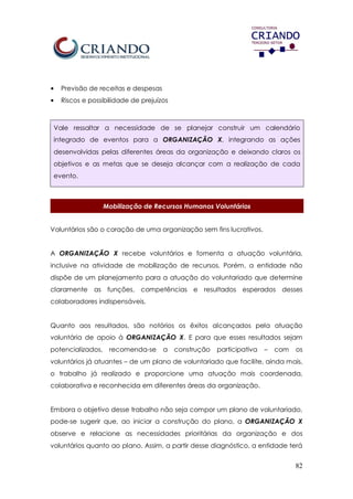 82
• Previsão de receitas e despesas
• Riscos e possibilidade de prejuízos
Vale ressaltar a necessidade de se planejar construir um calendário
integrado de eventos para a ORGANIZAÇÃO X, integrando as ações
desenvolvidas pelas diferentes áreas da organização e deixando claros os
objetivos e as metas que se deseja alcançar com a realização de cada
evento.
Mobilização de Recursos Humanos Voluntários
Voluntários são o coração de uma organização sem fins lucrativos.
A ORGANIZAÇÃO X recebe voluntários e fomenta a atuação voluntária,
inclusive na atividade de mobilização de recursos. Porém, a entidade não
dispõe de um planejamento para a atuação do voluntariado que determine
claramente as funções, competências e resultados esperados desses
colaboradores indispensáveis.
Quanto aos resultados, são notórios os êxitos alcançados pela atuação
voluntária de apoio à ORGANIZAÇÃO X. E para que esses resultados sejam
potencializados, recomenda-se a construção participativa – com os
voluntários já atuantes – de um plano de voluntariado que facilite, ainda mais,
o trabalho já realizado e proporcione uma atuação mais coordenada,
colaborativa e reconhecida em diferentes áreas da organização.
Embora o objetivo desse trabalho não seja compor um plano de voluntariado,
pode-se sugerir que, ao iniciar a construção do plano, a ORGANIZAÇÃO X
observe e relacione as necessidades prioritárias da organização e dos
voluntários quanto ao plano. Assim, a partir desse diagnóstico, a entidade terá
 