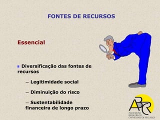 FONTES DE RECURSOS



Essencial



  Diversificação das fontes de
recursos

   —   Legitimidade social

   —   Diminuição do risco

   —  Sustentabilidade
   financeira de longo prazo
 