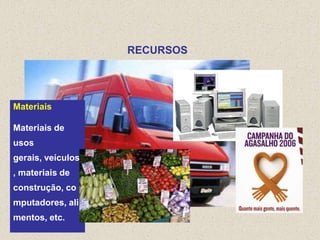 RECURSOS




Materiais

Materiais de
usos
gerais, veículos
, materiais de
construção, co
mputadores, ali
mentos, etc.
 