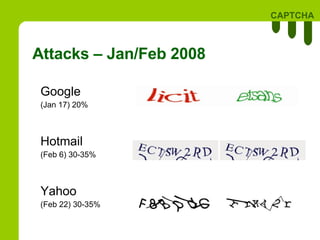 Attacks – Jan/Feb 2008 Google ( Jan 17 ) 20% Hotmail (Feb 6) 30-35% Yahoo (Feb 22) 30-35% 
