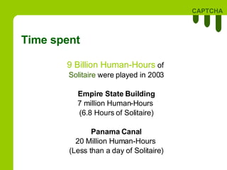 Time spent 9 Billion Human-Hours  of  Solitaire  were played in 2003 Empire State Building 7 million Human-Hours  (6.8 Hours of Solitaire) Panama Canal 20 Million Human-Hours  (Less than a day of Solitaire) 