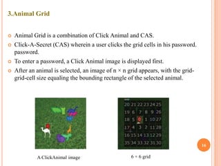 3.Animal Grid
 Animal Grid is a combination of Click Animal and CAS.
 Click-A-Secret (CAS) wherein a user clicks the grid cells in his password.
password.
 To enter a password, a Click Animal image is displayed first.
 After an animal is selected, an image of n × n grid appears, with the grid-
grid-cell size equaling the bounding rectangle of the selected animal.
16
A ClickAnimal image 6 × 6 grid
 