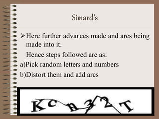 Simard’s
Here further advances made and arcs being
made into it.
Hence steps followed are as:
a)Pick random letters and numbers
b)Distort them and add arcs
 