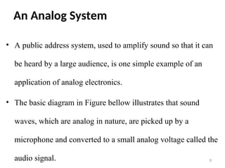 An Analog System
• A public address system, used to amplify sound so that it can
be heard by a large audience, is one simple example of an
application of analog electronics.
• The basic diagram in Figure bellow illustrates that sound
waves, which are analog in nature, are picked up by a
microphone and converted to a small analog voltage called the
audio signal. 9
 