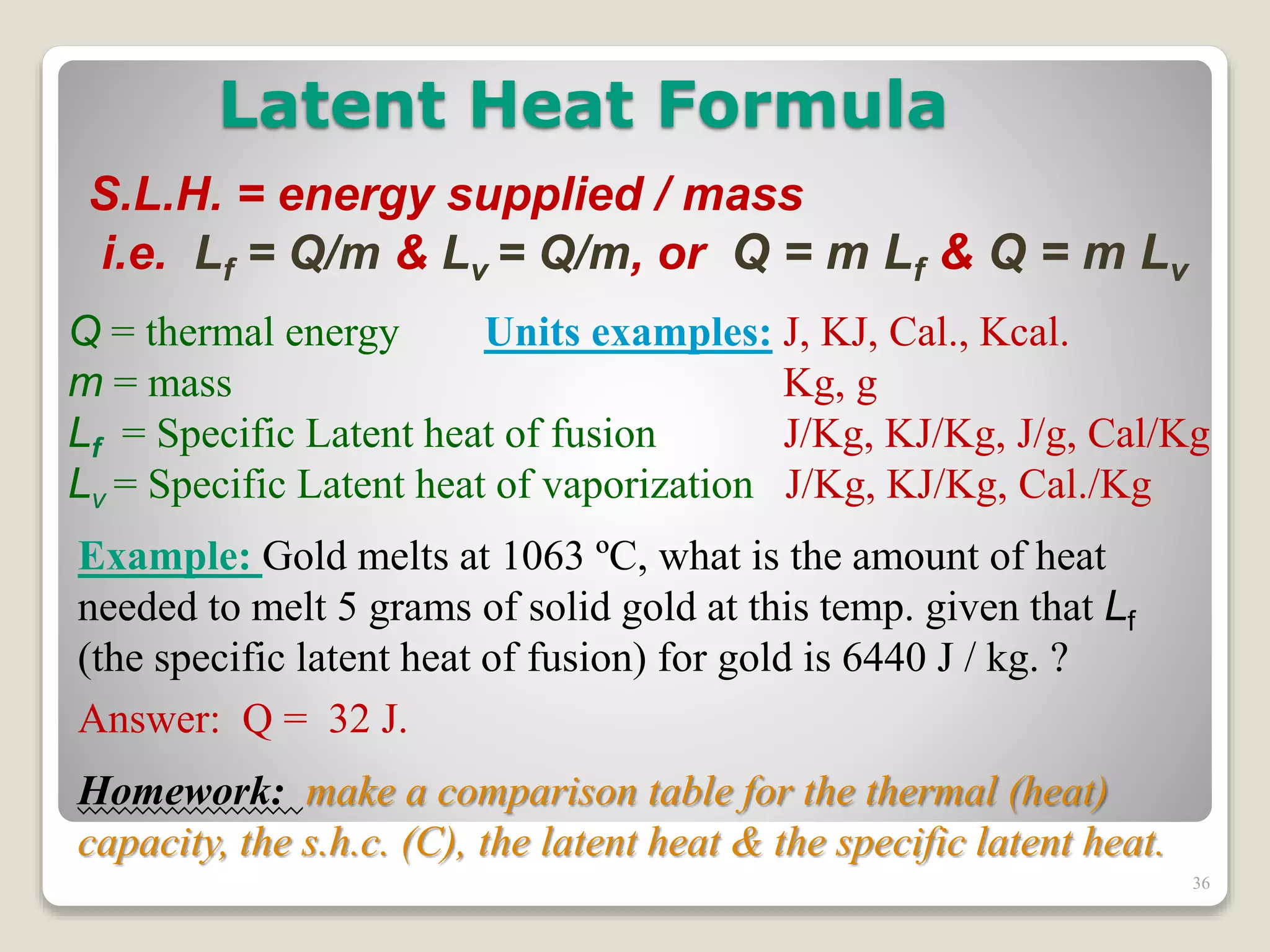 Latent Heat Formula
S.L.H. = energy supplied / mass
i.e. Lf = Q/m & Lv = Q/m, or Q = m Lf & Q = m Lv
Q = thermal energy Units examples: J, KJ, Cal., Kcal.
m = mass Kg, g
Lf = Specific Latent heat of fusion J/Kg, KJ/Kg, J/g, Cal/Kg
Lv = Specific Latent heat of vaporization J/Kg, KJ/Kg, Cal./Kg
Example: Gold melts at 1063 ºC, what is the amount of heat
needed to melt 5 grams of solid gold at this temp. given that Lf
(the specific latent heat of fusion) for gold is 6440 J / kg. ?
Answer: Q = 32 J.
Homework: make a comparison table for the thermal (heat)
capacity, the s.h.c. (C), the latent heat & the specific latent heat.
36
 