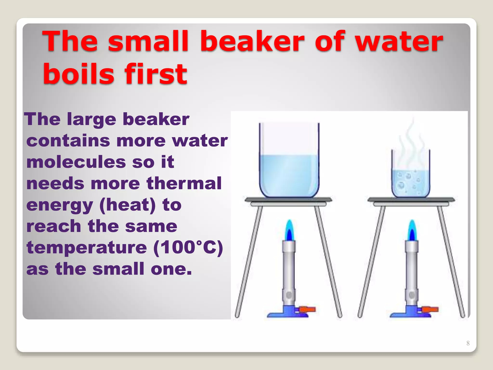 The small beaker of water
boils first
The large beaker
contains more water
molecules so it
needs more thermal
energy (heat) to
reach the same
temperature (100°C)
as the small one.
8
 