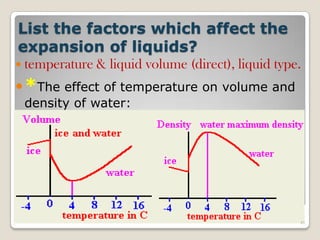List the factors which affect the
expansion of liquids?
 temperature & liquid volume (direct), liquid type.
*The effect of temperature on volume and
density of water:
45
 
