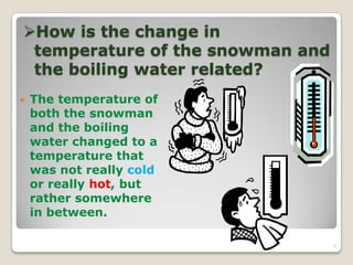 How is the change in
temperature of the snowman and
the boiling water related?
 The temperature of
both the snowman
and the boiling
water changed to a
temperature that
was not really cold
or really hot, but
rather somewhere
in between.
6
 