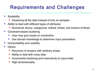 Requirements and Challenges









Scalability
 Clustering all the data instead of only on samples
Ability to deal with different types of attributes
 Numerical, binary, categorical, ordinal, linked, and mixture of these
Constraint-based clustering
 User may give inputs on constraints
 Use domain knowledge to determine input parameters
Interpretability and usability
Others
 Discovery of clusters with arbitrary shape
 Ability to deal with noisy data
 Incremental clustering and insensitivity to input order
 High dimensionality
11

 