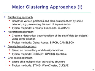Major Clustering Approaches (I)








Partitioning approach:
 Construct various partitions and then evaluate them by some
criterion, e.g., minimizing the sum of square errors
 Typical methods: k-means, k-medoids, CLARANS
Hierarchical approach:
 Create a hierarchical decomposition of the set of data (or objects)
using some criterion
 Typical methods: Diana, Agnes, BIRCH, CAMELEON
Density-based approach:
 Based on connectivity and density functions
 Typical methods: DBSACN, OPTICS, DenClue
Grid-based approach:
 based on a multiple-level granularity structure
 Typical methods: STING, WaveCluster, CLIQUE
12

 