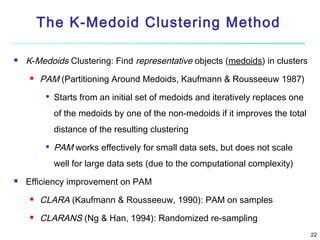 The K-Medoid Clustering Method


K-Medoids Clustering: Find representative objects (medoids) in clusters


PAM (Partitioning Around Medoids, Kaufmann & Rousseeuw 1987)


Starts from an initial set of medoids and iteratively replaces one
of the medoids by one of the non-medoids if it improves the total
distance of the resulting clustering



PAM works effectively for small data sets, but does not scale
well for large data sets (due to the computational complexity)



Efficiency improvement on PAM


CLARA (Kaufmann & Rousseeuw, 1990): PAM on samples



CLARANS (Ng & Han, 1994): Randomized re-sampling
22

 